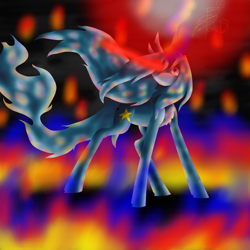 Size: 5800x5800 | Tagged: safe, artist:florarena-kitasatina/dragonborne fox, derpibooru import, pony, unicorn, absurd resolution, alternate cutie mark, crossover, dat mane tho, dat tail tho, female, fire, flowing mane, glowing eyes, glowing eyes of doom, now you fucked up, pastel, ponified, rainbow eyes, sinister smile, solo, starbreaker (sora), staring into your soul, technicolor eyes, torn ear, watermark, what a lovely pony to meet in the middle of the night, wide eyes