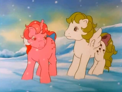 Size: 712x537 | Tagged: safe, derpibooru import, screencap, galaxy (g1), surprise, pegasus, pony, twinkle eyed pony, unicorn, baby it's cold outside, g1, bow, duo, snow, tail bow