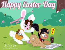 Size: 1024x791 | Tagged: safe, artist:shinta-girl, derpibooru import, oc, oc only, oc:aaron pony, oc:shinta pony, rabbit, animal costume, basket, bowtie, bunny costume, clothes, coffee, costume, couple, egg, exclamation point, glasses, happy easter, hoof hold, newspaper, tail, tail pull, translated in the comments