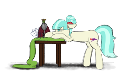 Size: 1920x1080 | Tagged: safe, artist:puffysmosh, derpibooru import, coco pommel, earth pony, pony, 30 minute art challenge, cloth, female, mare, sewing machine, simple background, solo, transparent background, watermark