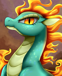 Size: 1443x1764 | Tagged: safe, artist:pridark, derpibooru import, part of a set, tianhuo, longma, them's fightin' herds, bust, community related, female, fire, mane of fire, portrait, slit eyes, solo