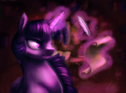 Size: 1900x1400 | Tagged: safe, artist:eternalsubscriber, derpibooru import, twilight sparkle, twilight sparkle (alicorn), alicorn, pony, female, glowing horn, magic, mare, quill, scroll, solo