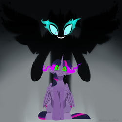 Size: 2800x2800 | Tagged: safe, derpibooru import, midnight sparkle, twilight sparkle, twilight sparkle (alicorn), alicorn, pony, equestria girls, crying, dark magic, demonic possession, evil grin, female, grin, inner demons, magic, ponified, possessed, smiling, sombra eyes