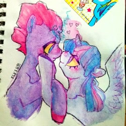 Size: 1943x1943 | Tagged: safe, artist:freshleaveskrnm, derpibooru import, tempest shadow, twilight sparkle, twilight sparkle (alicorn), alicorn, my little pony: the movie, female, lesbian, shipping, tempestlight, traditional art, watercolor painting