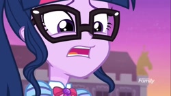 Size: 1366x768 | Tagged: safe, derpibooru import, screencap, sci-twi, twilight sparkle, better together, equestria girls, forgotten friendship, discovery family logo, solo