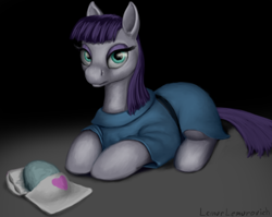 Size: 1456x1160 | Tagged: safe, artist:lemurlemurovich, derpibooru import, boulder (pet), maud pie, earth pony, pony, female, looking at you, mare, prone, solo