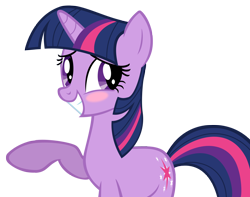 Size: 2604x2056 | Tagged: safe, artist:andoanimalia, derpibooru import, twilight sparkle, unicorn twilight, pony, unicorn, swarm of the century, blushing, embarrassed, female, grin, mare, raised hoof, simple background, smiling, solo, squee, transparent background, vector