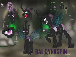 Size: 1600x1200 | Tagged: safe, artist:humble-ravenwolf, derpibooru import, oc, oc:rai dynastin, changeling, rhinoceros beetle, cave, changeling oc, purple changeling, reference sheet