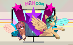 Size: 1501x920 | Tagged: safe, artist:fuzzypones, derpibooru import, oc, oc only, oc:cozy comfort, oc:glitch gamepad, abstract background, blanket, blushing, colored, duo, duo female, female, hahcon, headset, plushie, shooting star, speech bubble, unshorn fetlocks