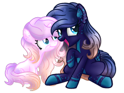 Size: 1000x750 | Tagged: safe, artist:xxmelody-scribblexx, derpibooru import, oc, oc only, oc:amethyst flame, oc:moonrise stars, pegasus, pony, unicorn, female, filly, mare, simple background, sitting, transparent background