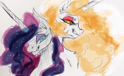 Size: 1280x787 | Tagged: safe, artist:candasaurus, derpibooru import, daybreaker, nightmare moon, pony, duo, ethereal mane, fangs, female, horn, looking at you, mare, partial color, starry mane