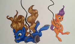 Size: 800x470 | Tagged: safe, artist:rauhiss, derpibooru import, scootaloo, oc, oc:silly scribe, bungee jumping, traditional art