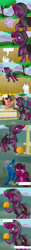 Size: 1000x8000 | Tagged: safe, artist:ericative, derpibooru import, fizzlepop berrytwist, tempest shadow, oc, oc:banana pie, pegasus, pony, unicorn, wolf, my little pony: the movie, ask-fizzlepop, ball, banana, broken horn, cloak, clothes, comic, eye scar, food, saddle bag, scar, tree