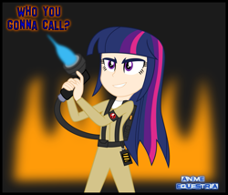 Size: 1427x1219 | Tagged: safe, artist:anime-equestria, derpibooru import, twilight sparkle, equestria girls, backpack, band, belt, blowtorch, evil grin, fire, ghostbusters, grin, human coloration, male, smiling, smirk, solo, trap (device), voice actor joke