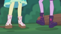 Size: 2208x1242 | Tagged: safe, derpibooru import, screencap, fluttershy, sci-twi, twilight sparkle, butterfly, better together, equestria girls, stressed in show, stressed in show: fluttershy, boots, legs, log, mud, muddy, pictures of legs, shoes