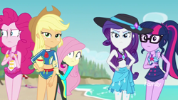 Size: 1920x1080 | Tagged: safe, derpibooru import, screencap, applejack, fluttershy, pinkie pie, rarity, sci-twi, twilight sparkle, better together, equestria girls, forgotten friendship, beach, clothes, looking at you, swimsuit