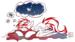 Size: 4325x2462 | Tagged: safe, artist:ruef, derpibooru import, oc, oc only, oc:toko yakkai, pegasus, pony, blanket, dream, male, sleeping, solo, space, stallion, tokobetes, z, zzz