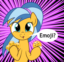 Size: 1500x1460 | Tagged: safe, artist:hoofwaffe, derpibooru import, edit, oc, oc only, oc:emoji horse, oc:lizzie dizzy, cute, emoji, looking at you, ocbetes, offering, speech, sunburst background