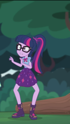Size: 1242x2208 | Tagged: safe, derpibooru import, screencap, sci-twi, twilight sparkle, better together, equestria girls, stressed in show, stressed in show: fluttershy, boots, bowtie, clothes, geode of telekinesis, glasses, gritted teeth, log, magical geodes, mud, muddy, ponytail, shoes, skirt