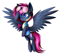 Size: 2827x2551 | Tagged: safe, artist:snowbunny0820, derpibooru import, oc, oc:neon flare, pegasus, pony, clothes, female, goggles, hair over one eye, high res, mare, simple background, solo, transparent background, uniform, wonderbolt trainee uniform