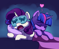 Size: 2860x2385 | Tagged: safe, artist:lilfunkman, derpibooru import, rarity, twilight sparkle, pony, unicorn, drool, eyes closed, female, heart, lesbian, majestic as fuck, mare, pony pile, pony pillow, rarilight, shipping, sleep mask, sleeping, snuggling, zzz