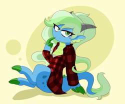 Size: 4200x3500 | Tagged: safe, artist:fullmetalpikmin, derpibooru import, oc, oc only, oc:campfire, dracony, hybrid, alternate hairstyle, claws, female, flannel, green eyes, horns, ponytail, simple background, solo, tail