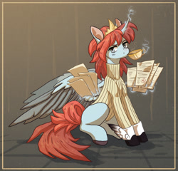 Size: 1615x1552 | Tagged: safe, artist:koviry, derpibooru import, oc, oc only, alicorn, pony, alicorn oc, boots, clothes, colored hooves, colored wings, colored wingtips, crown, cup, curved horn, document, female, jewelry, looking at you, magic, mare, missing cutie mark, regalia, shoes, sipping, sitting, solo, spread wings, sweater, teacup, telekinesis, two toned wings, wings