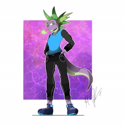 Size: 2048x2048 | Tagged: safe, artist:dark-zoul, derpibooru import, spike, anthro, plantigrade anthro, blowing, clothes, fire, green fire, hands in pockets, male, older, older spike, pants, shoes, signature, solo