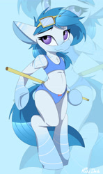 Size: 2696x4555 | Tagged: safe, artist:mistydash, derpibooru import, oc, oc only, oc:melony, pony, semi-anthro, bipedal, blue underwear, bra, bra on pony, chest fluff, clothes, crop top bra, female, looking at you, panties, ribbon, solo, standing, underwear, zoom layer