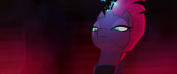 Size: 1920x804 | Tagged: safe, derpibooru import, screencap, tempest shadow, pony, unicorn, my little pony: the movie, broken horn, eye scar, lidded eyes, scar, serious, serious face, solo, sparking horn, sparks