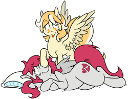 Size: 1098x847 | Tagged: safe, artist:egophiliac, derpibooru import, oc, oc only, oc:little love, oc:orange cream, pegasus, pony, boop, duo, female, looking at each other, male, silly, simple background, tongue out, transparent background