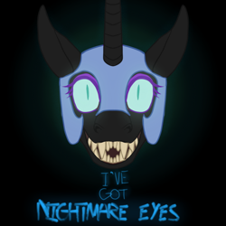 Size: 720x720 | Tagged: safe, artist:backstabbing scumbags, derpibooru import, nightmare moon, alicorn, pony, antagonist, evil grin, glow, glowing eyes, grin, night in the woods, smiling, villainess