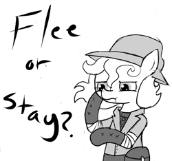 Size: 640x600 | Tagged: safe, artist:ficficponyfic, derpibooru import, oc, oc only, oc:lockepicke, bag, boots, clothes, coat, cyoa, cyoa:the wizard of logic tower, hat, monochrome, shoes, story included, sweater