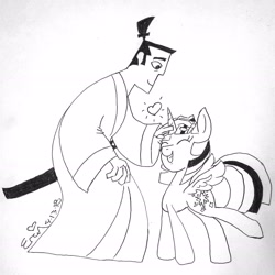 Size: 2432x2434 | Tagged: safe, artist:erenerakhard, derpibooru exclusive, derpibooru import, twilight sparkle, twilight sparkle (alicorn), alicorn, human, pony, black and white, crossover, cute, grayscale, human on pony petting, monochrome, petting, samurai jack, traditional art, twiabetes