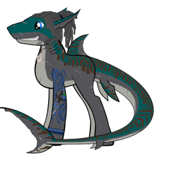 Size: 1947x2003 | Tagged: safe, derpibooru import, oc, oc only, oc:rogue wave, hybrid, original species, shark pony, blue eyes, countershading, dreadlocks, hei matau, jewelry, necklace, scar, sharp teeth, simple background, stripes, tattoo, teeth, tiger shark pony, transparent background