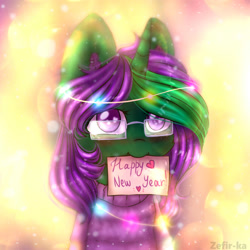 Size: 2000x2000 | Tagged: safe, artist:zefirka, derpibooru import, oc, oc only, pony, unicorn, abstract background, blushing, bust, clothes, colored pupils, cute, female, glasses, happy new year, heart, heart eyes, holiday, looking at you, mare, mouth hold, portrait, signature, solo, sweater, wingding eyes