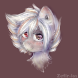 Size: 2000x2000 | Tagged: safe, artist:zefirka, derpibooru import, oc, oc only, pony, bust, colored pupils, female, heterochromia, looking at you, mare, portrait, signature, simple background, smiling, solo