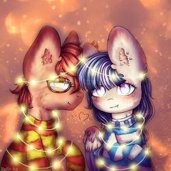 Size: 2000x2000 | Tagged: safe, artist:zefirka, derpibooru import, oc, oc only, pegasus, pony, abstract background, blushing, cheek fluff, clothes, cute, ear fluff, female, glasses, heart, looking at you, male, mare, no pupils, oc x oc, raised hoof, shipping, signature, stallion, sweater, wing fluff