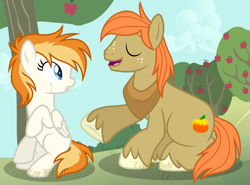 Size: 1521x1125 | Tagged: safe, artist:detoxx-retoxx, derpibooru import, oc, oc only, oc:aerial, oc:autumn gold, earth pony, pegasus, pony, apple tree, base used, crying, female, male, mare, offspring, parent:big macintosh, parent:fire streak, parent:fluttershy, parent:spitfire, parents:fluttermac, parents:spitstreak, stallion, story included, sweet apple acres, tree, unshorn fetlocks, yoke