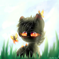 Size: 2000x2000 | Tagged: safe, artist:zefirka, derpibooru import, oc, oc only, butterfly, pegasus, pony, cheek fluff, chest fluff, colored pupils, ear fluff, fire, flame eyes, glowing eyes, grass, signature, solo, wing fluff