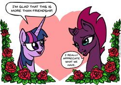 Size: 1199x837 | Tagged: safe, artist:gingerfoxy, derpibooru import, fizzlepop berrytwist, tempest shadow, twilight sparkle, pony, unicorn, my little pony: the movie, female, flower, heart, lesbian, pony couple generator, rose, shipping, tempestlight