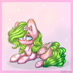 Size: 2000x2000 | Tagged: safe, artist:zefirka, derpibooru import, oc, oc only, pegasus, pony, chest fluff, colored pupils, cute, ear fluff, female, flower, flower in hair, fluffy, hair over one eye, heart eyes, leg fluff, looking at you, mare, shoulder fluff, signature, smiling, solo, wing fluff, wingding eyes