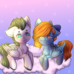 Size: 2000x2000 | Tagged: safe, artist:zefirka, derpibooru import, oc, oc only, pegasus, pony, bow, chest fluff, cloud, ear fluff, female, floppy ears, freckles, hair bow, heart eyes, looking at each other, male, mare, no pupils, oc x oc, shipping, signature, sky, smiling, stallion, unshorn fetlocks, wingding eyes