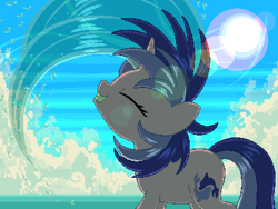 Size: 800x600 | Tagged: safe, artist:rangelost, derpibooru import, sea swirl, seafoam, pony, unicorn, background pony, cloud, cyoa:d20 pony, eyes closed, female, lens flare, mane flip, mare, ocean, outdoors, pixel art, sky, solo, standing, sun, wet, wet mane