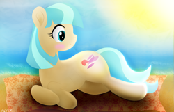 Size: 2883x1851 | Tagged: safe, artist:startledflowerpony, derpibooru import, coco pommel, pony, beach, blushing, prone, solo, sun