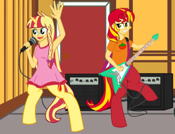 Size: 5486x4182 | Tagged: safe, artist:oneovertwo, derpibooru import, oc, oc only, oc:evenfall, oc:eventide, satyr, absurd resolution, armpits, guitar, microphone, offspring, parent:sunset shimmer