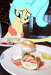 Size: 2628x3869 | Tagged: safe, artist:oceanrailroader, derpibooru import, princess skystar, seapony (g4), my little pony: the movie, bagel, bread, cream cheese, food, irl, lox, photo, ponies in real life