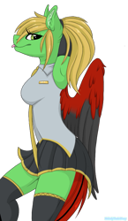 Size: 581x1000 | Tagged: safe, artist:melodytheartpony, derpibooru import, oc, anthro, pegasus, clothes, commission, cosplay, costume, female, kneesocks, simple background, socks, transparent background, vocaloid