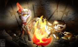 Size: 2800x1700 | Tagged: safe, artist:elmutanto, derpibooru import, dinky hooves, pipsqueak, fanfic:where is my love?, armor, fire, older, shadows, trapped