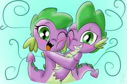 Size: 1214x800 | Tagged: safe, artist:emositecc, derpibooru import, barb, spike, dragon, baby, baby dragon, barbabetes, blushing, cute, dragoness, female, hug, looking at you, male, one eye closed, open mouth, rule 63, rule63betes, self dragondox, self ponidox, selfcest, shipping, smiling, spikebarb, straight